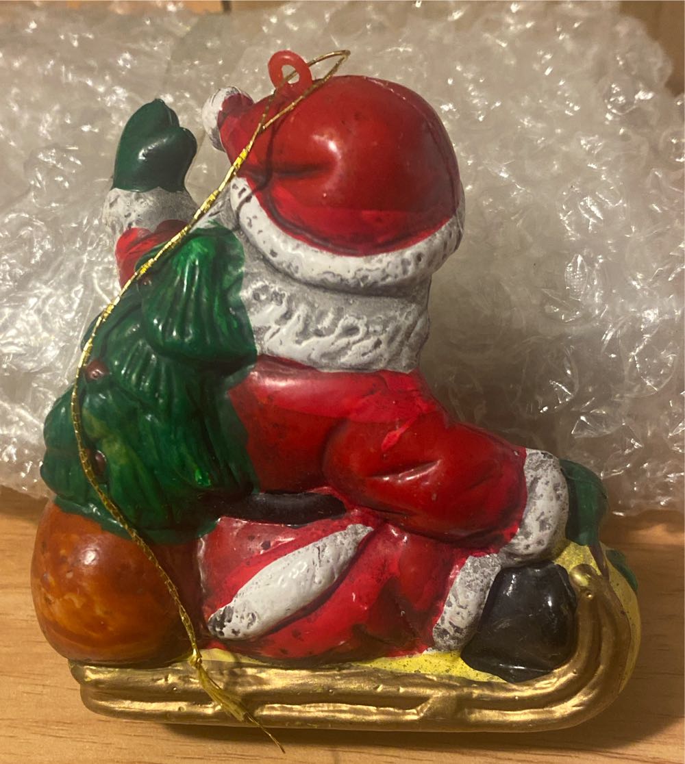 Vintage Plastic Santa On Sled Ornament - Vintage Christmas (Christmas, Santa, Presents) ornament collectible - Main Image 2
