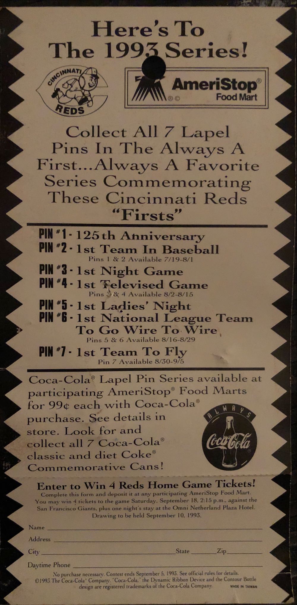 Ameristop 1993 #6 - 1st NL Team Wire-to-Wire  pin collectible - Main Image 2