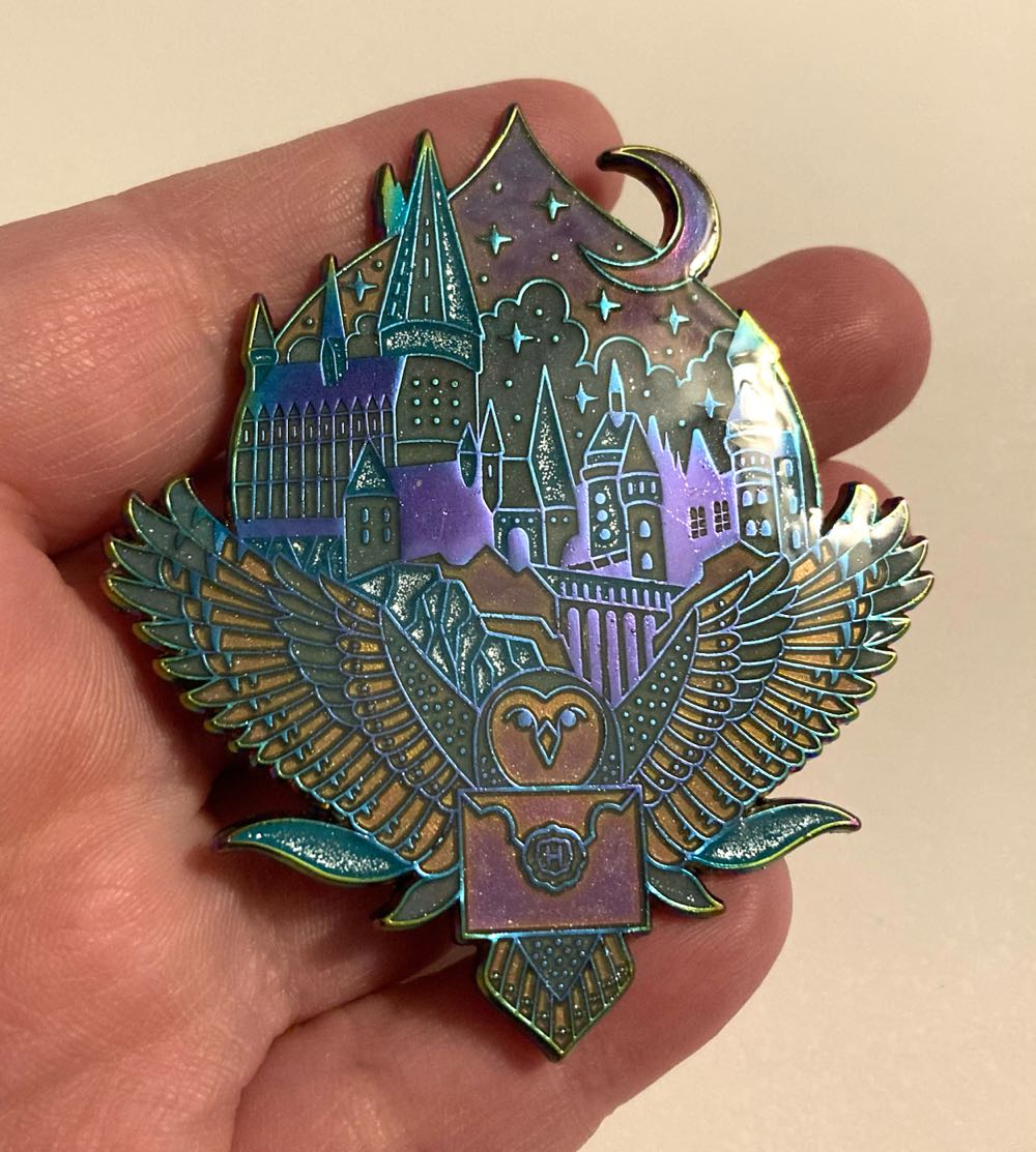 Hogwarts + Owl Pin, Rainbow Metal with Teal Swirl  pin collectible - Main Image 3