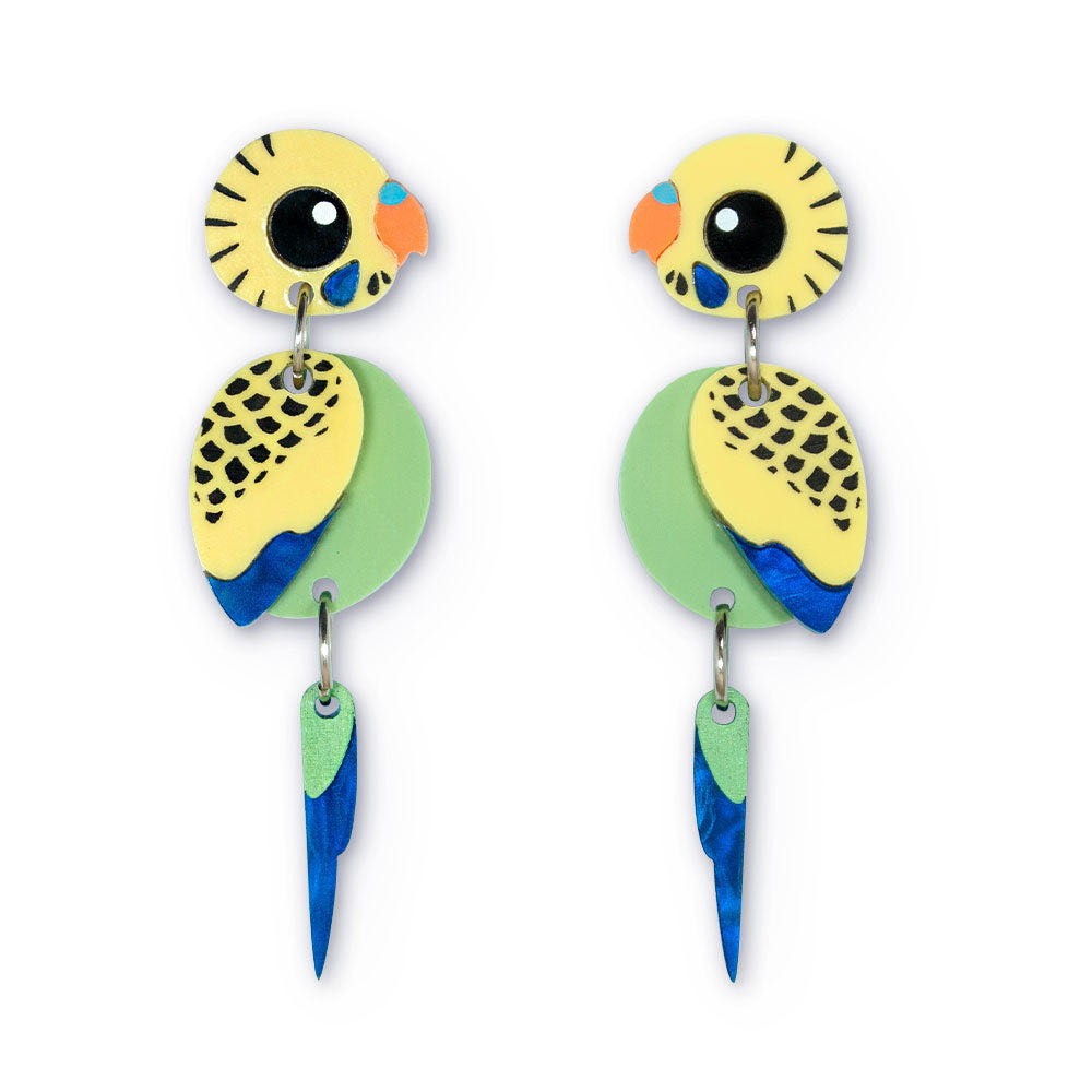 Binkabu - Green/Yellow Budgie Dangles - Earrings pin collectible - Main Image 2