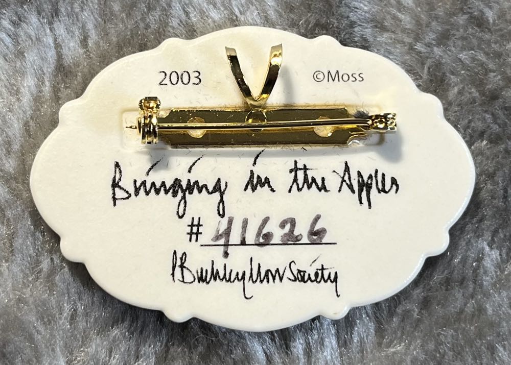 P. Buckley Moss Society - 2003 Bringing in the Apples - Ceramic Brooch pin collectible - Main Image 2