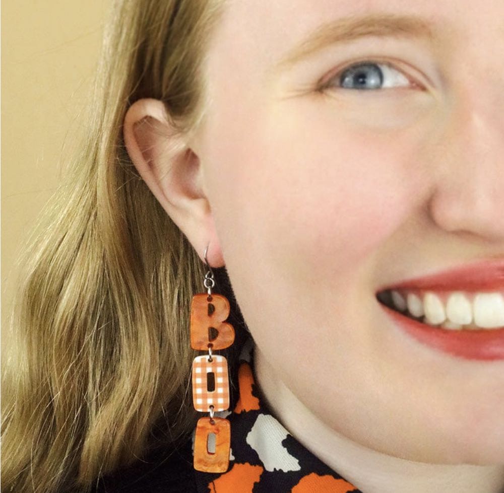 Erstwilder - Boo Gingham Drop Earrings (Orange) - Earrings pin collectible - Main Image 3