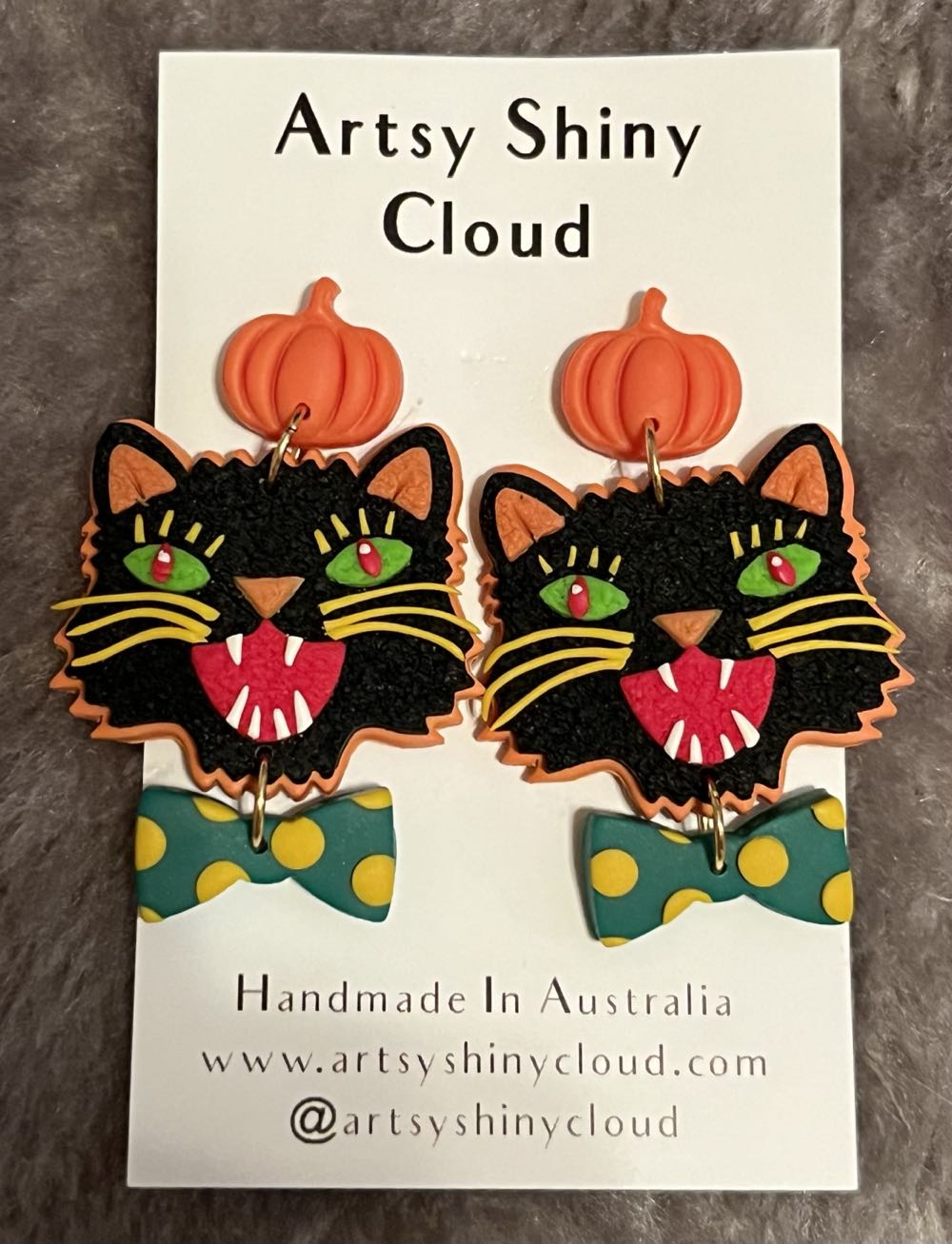 Artsy Shiny Cloud - Black Halloween Cat Earrings - Polymer Clay Earrings pin collectible - Main Image 2