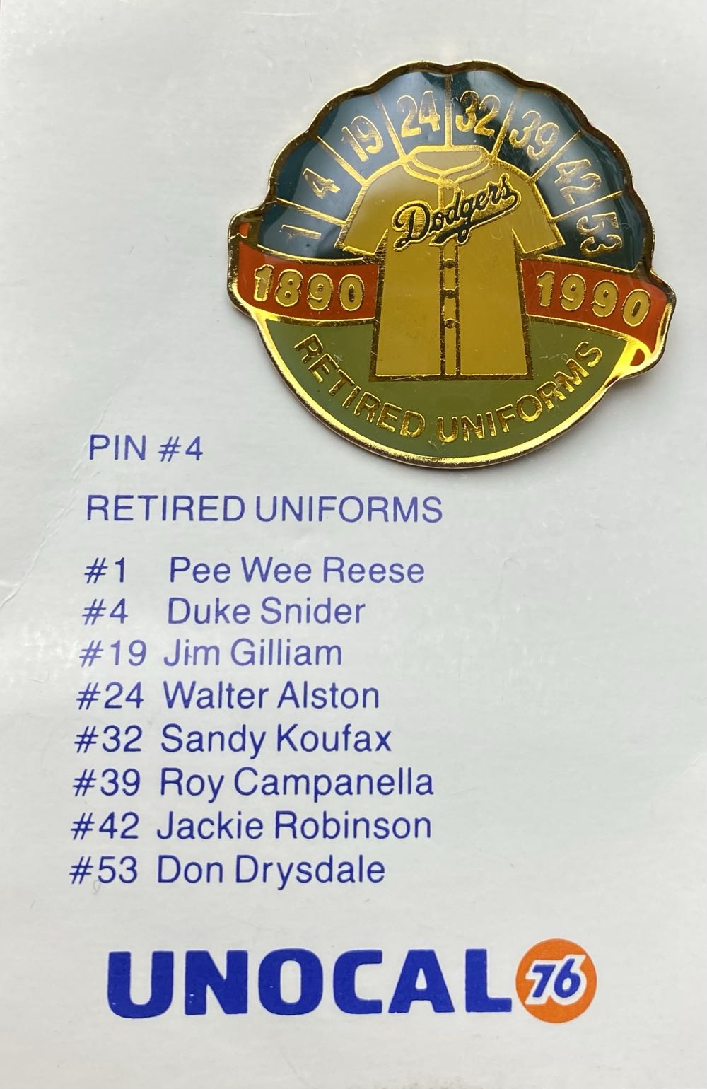 Dodgers Retired Uniforms 1890 -1990 Unocal 76 - Pin pin collectible - Main Image 2