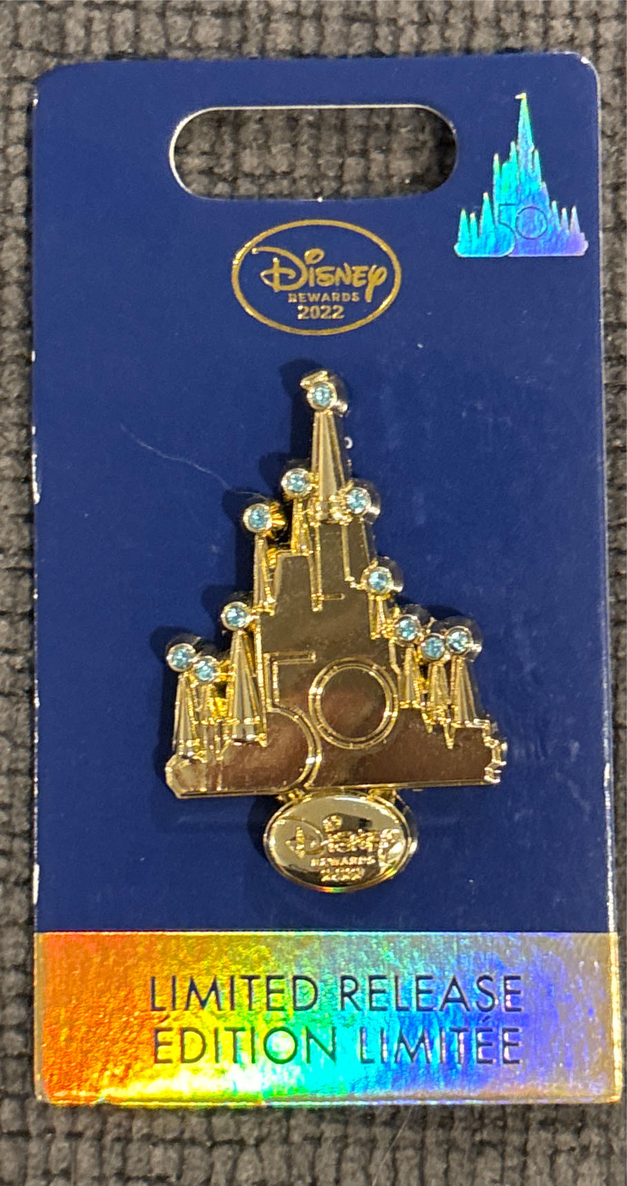 Disney Parks 50th Anniversary Lr Gold Castle Pin With Blue Stone Accents  pin collectible [Barcode 400945215369] - Main Image 3