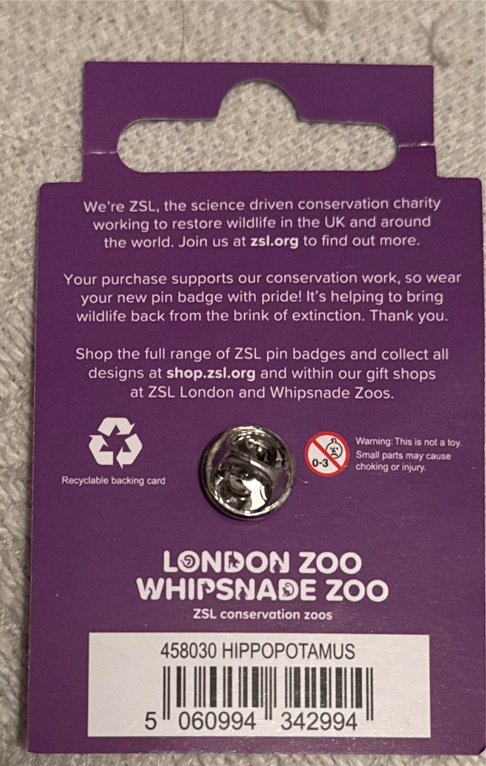 ZSL - Hippopotamus - Lapel pin collectible [Barcode 5060994342994] - Main Image 2