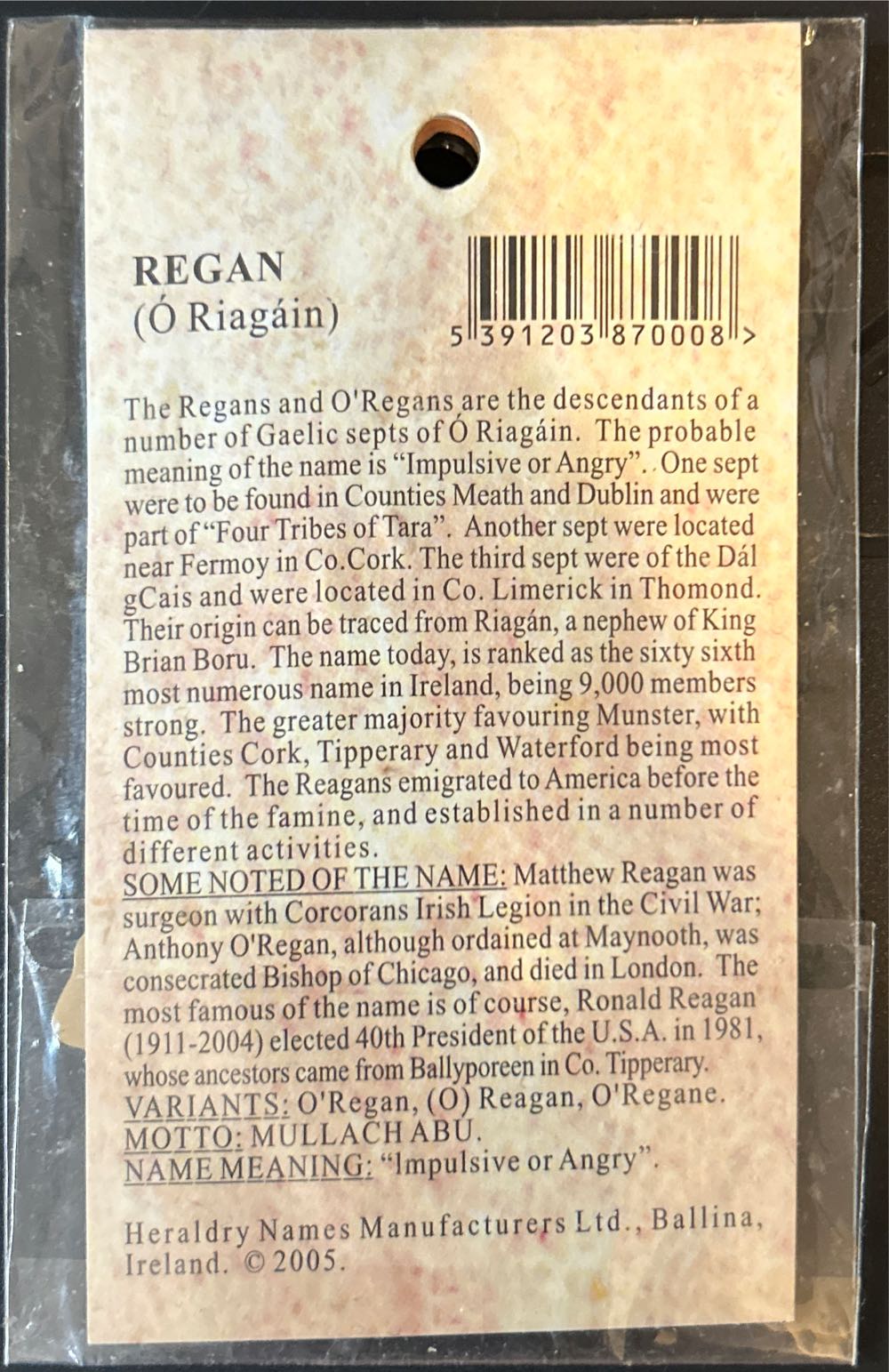 Regan Family Crest Coat Of Arms Keyring  pin collectible [Barcode 5391203870008] - Main Image 2