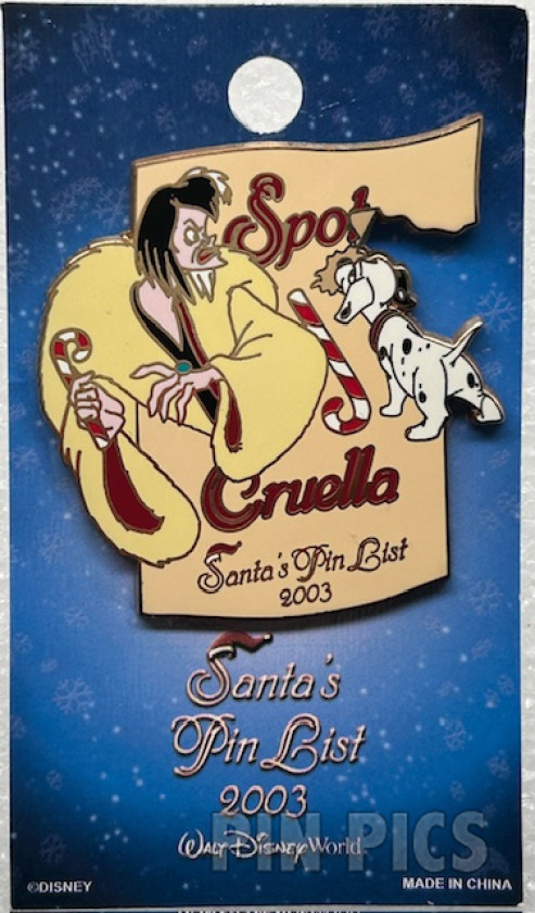 WDW - Cruella de Vil and Dalmatian Puppy Spot - Naughty - Candy Cane - Santa’s Pin List 2003 - 101 Dalmatians  pin collectible - Main Image 3