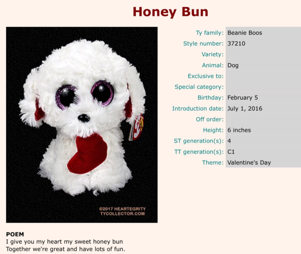 Honey Bun Dog With Heart  plush collectible [Barcode 008421372102] - Main Image 2