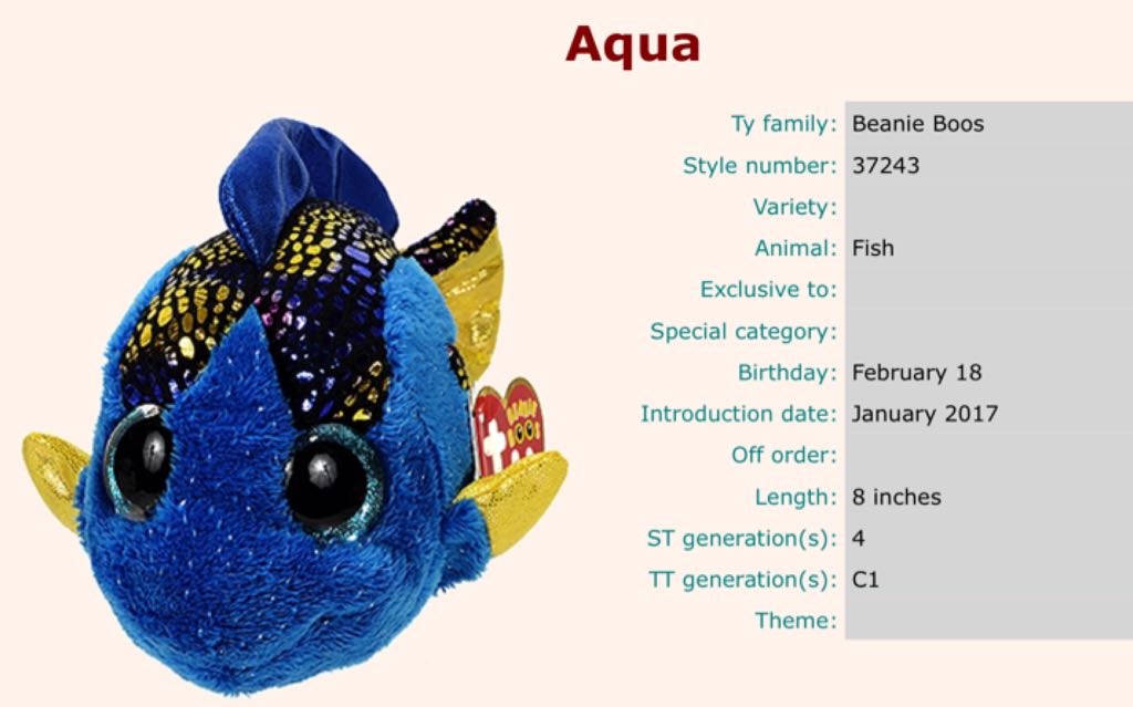 Aqua Blue Tang Fish (Boo)  (Canada) plush collectible [Barcode 008421372430] - Main Image 2