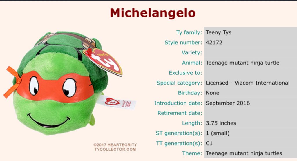Teeny Ty’s - TMNT Michelangelo  plush collectible [Barcode 008421421725] - Main Image 2