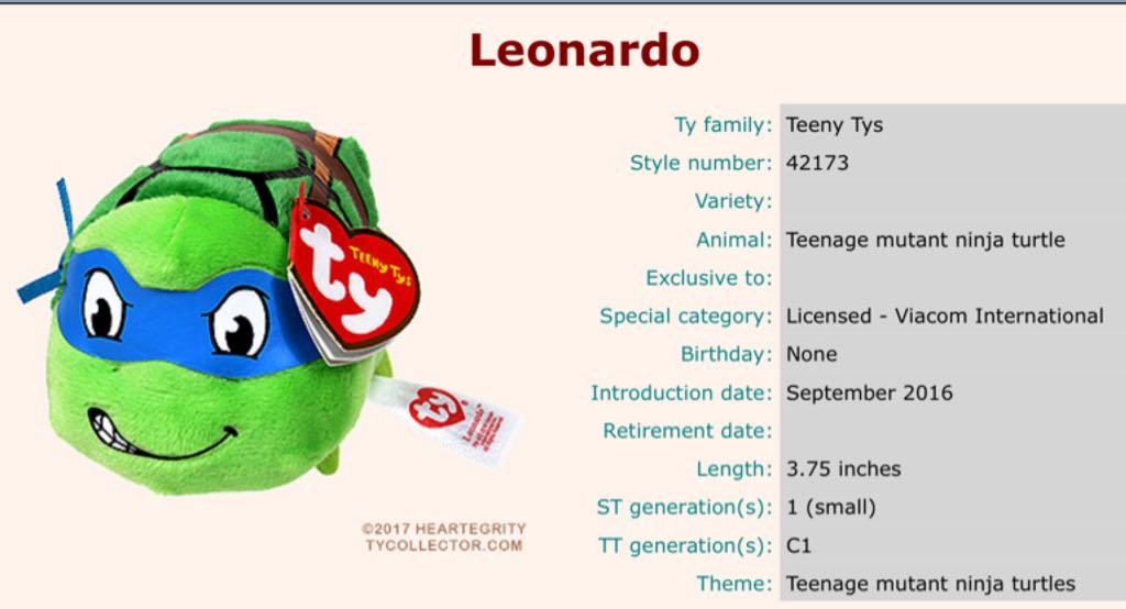 Teeny Ty’s - TMNT Leonardo  plush collectible [Barcode 008421421732] - Main Image 2
