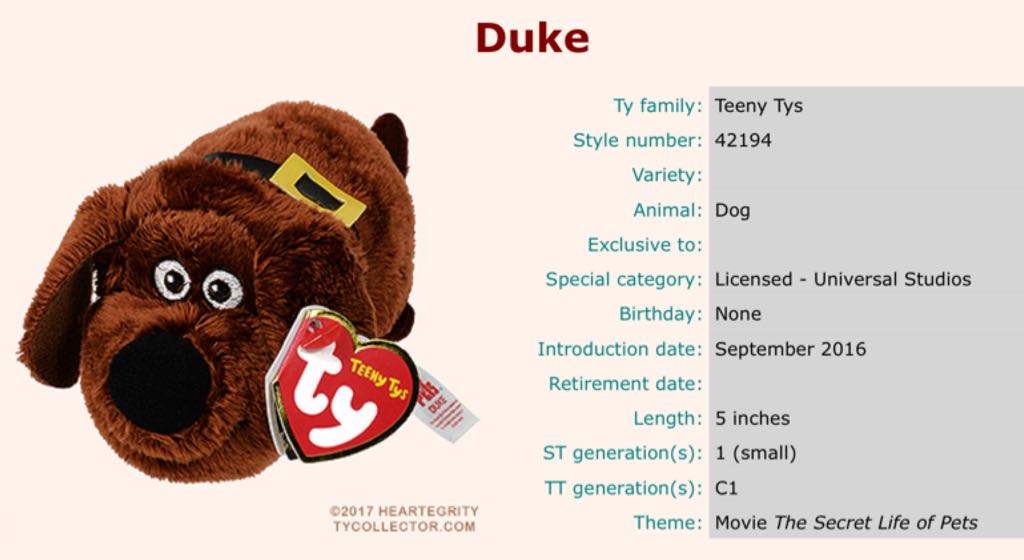 Secret Life of Pets - Duke Teeny Tys  plush collectible - Main Image 2