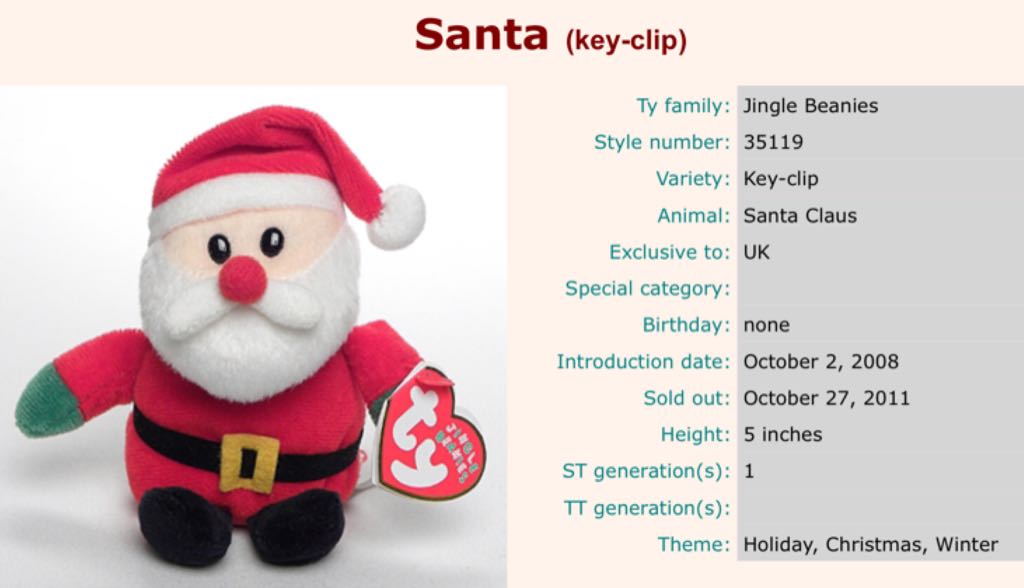 Jingle Beanies - Santa  plush collectible [Barcode 008421035205] - Main Image 2