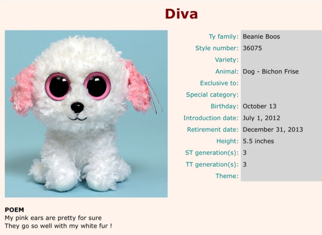 Beanie Boos - DIVA the Bichon Dog  plush collectible [Barcode 008421360758] - Main Image 2
