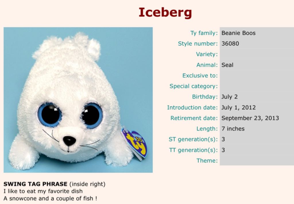 Iceberg the White Seal  (United States) plush collectible [Barcode 008421360802] - Main Image 2