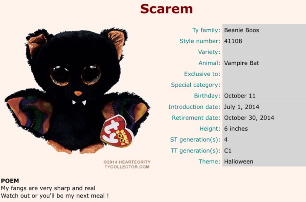 Beanie Boos - Scarem The Vampire Bat  plush collectible [Barcode 008421411085] - Main Image 2