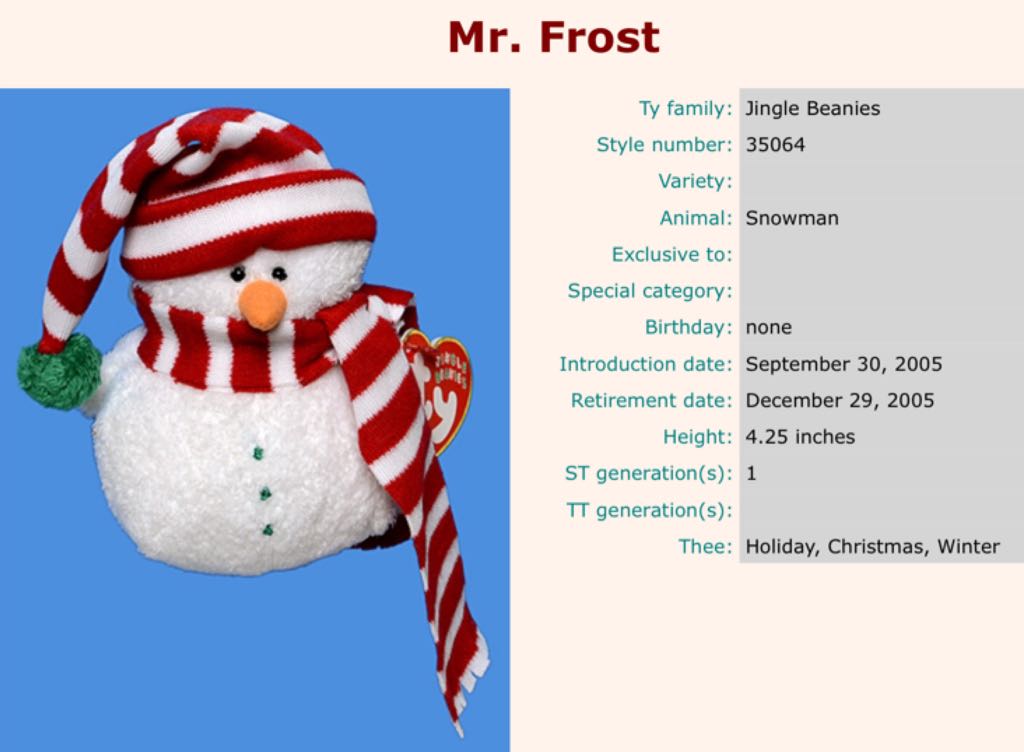 Mr. Frost the bear (Jingle Beanie)  plush collectible - Main Image 2