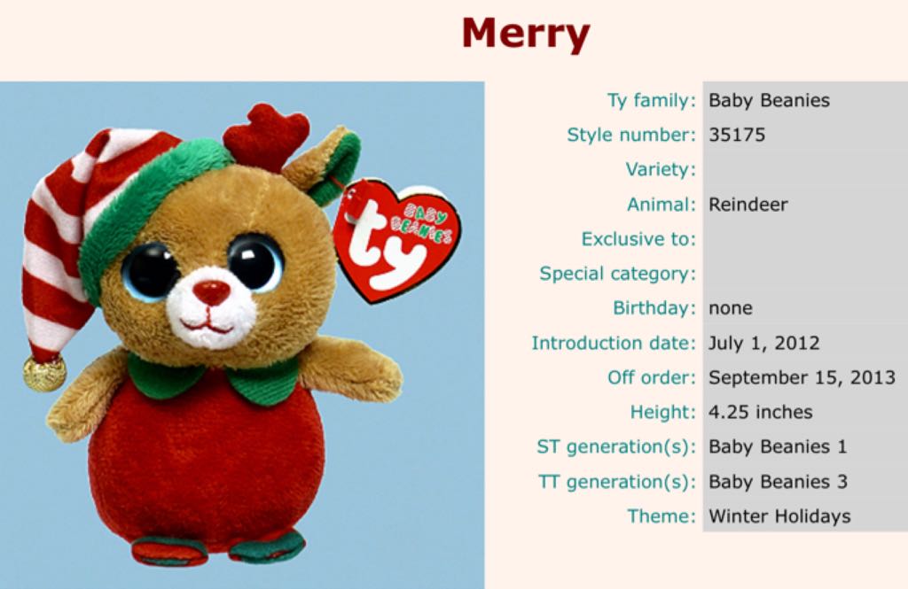 Merry the reindeer (baby beanie)  plush collectible - Main Image 2