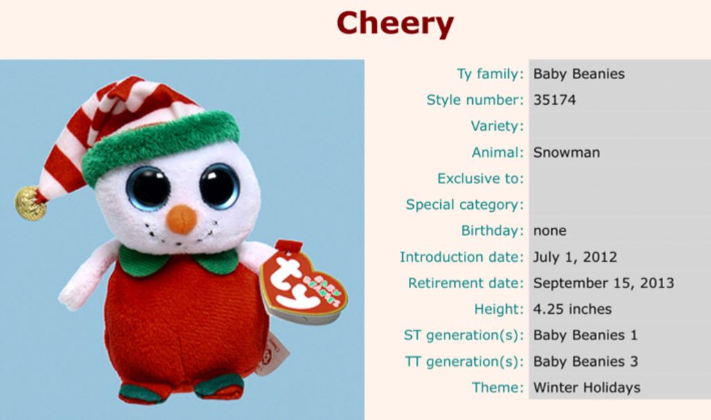 Baby Beanies - Cheery the Snowman  plush collectible - Main Image 2