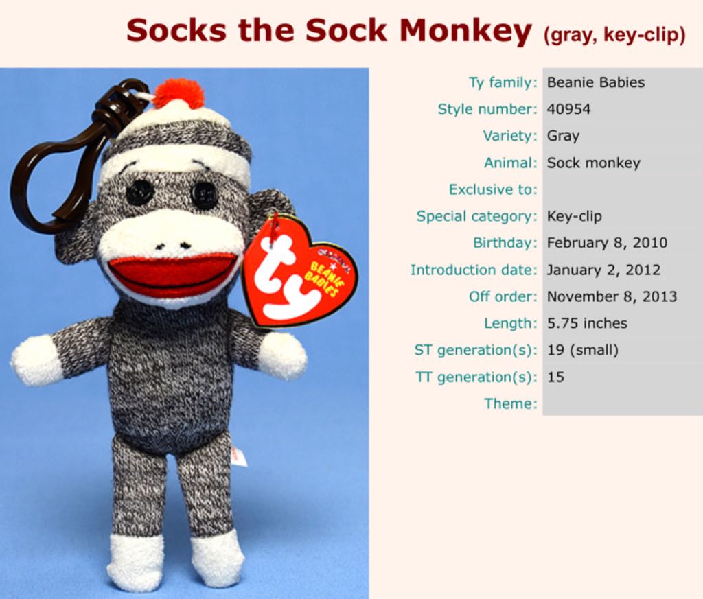 Clip Gray Sock Monkey  plush collectible - Main Image 2