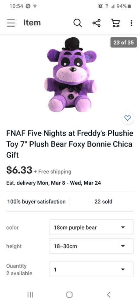 five nights at freddy’s Purple Bear   plush collectible - Main Image 2