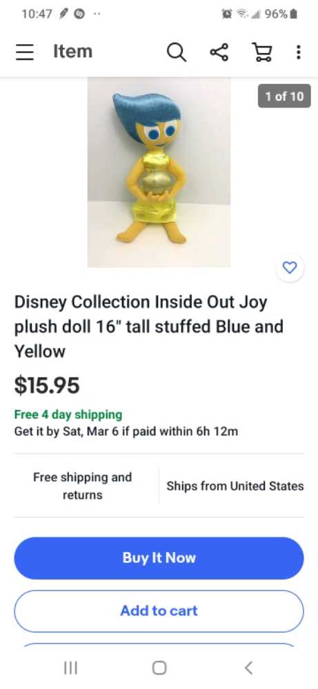 Disney inside out joy  plush collectible - Main Image 2