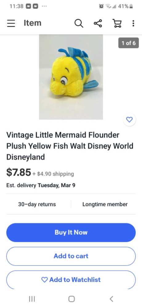 Disney little mermaid flounder   plush collectible - Main Image 2