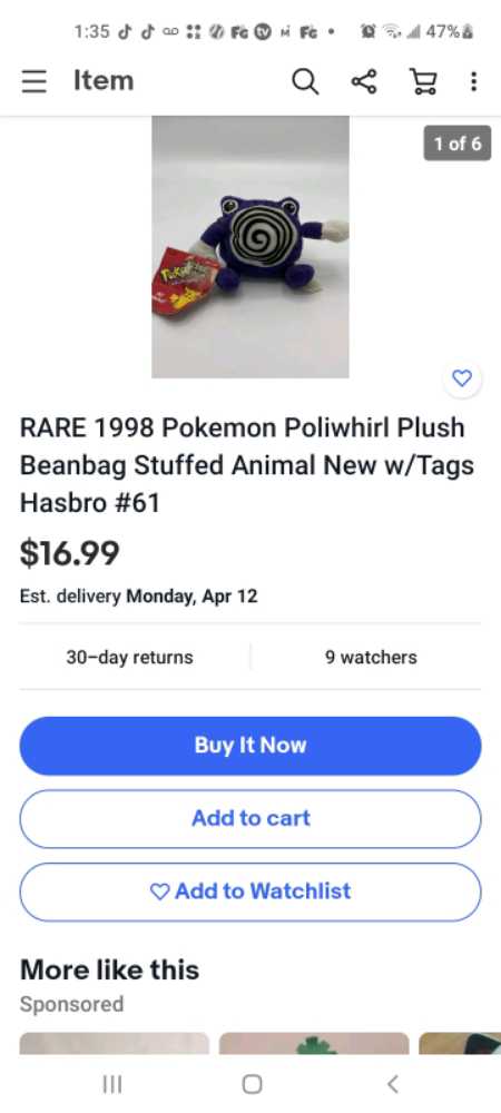 pokemon poliwhirl  plush collectible - Main Image 2