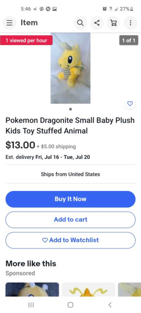 pokemon dragonite  plush collectible - Main Image 2