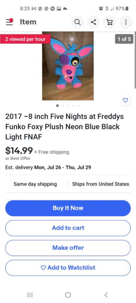 five nights at freddy’s neon blue foxy  plush collectible - Main Image 2