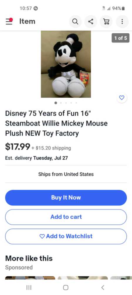 Disney Mickey mouse steamboat willie 75th  plush collectible - Main Image 2