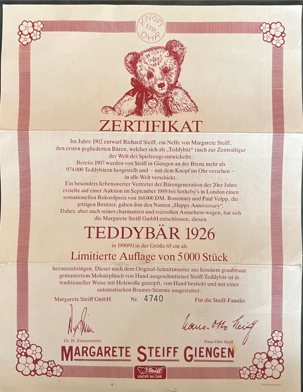 Steiff Teddybar 1926 Replica  (United States) plush collectible - Main Image 2