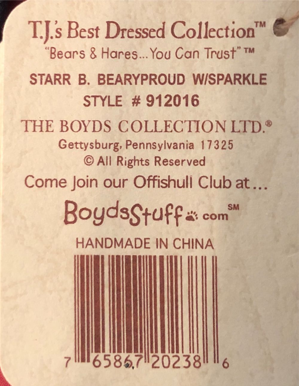 Boyd’s Starr B Bearyproud  plush collectible [Barcode 765867202386] - Main Image 2