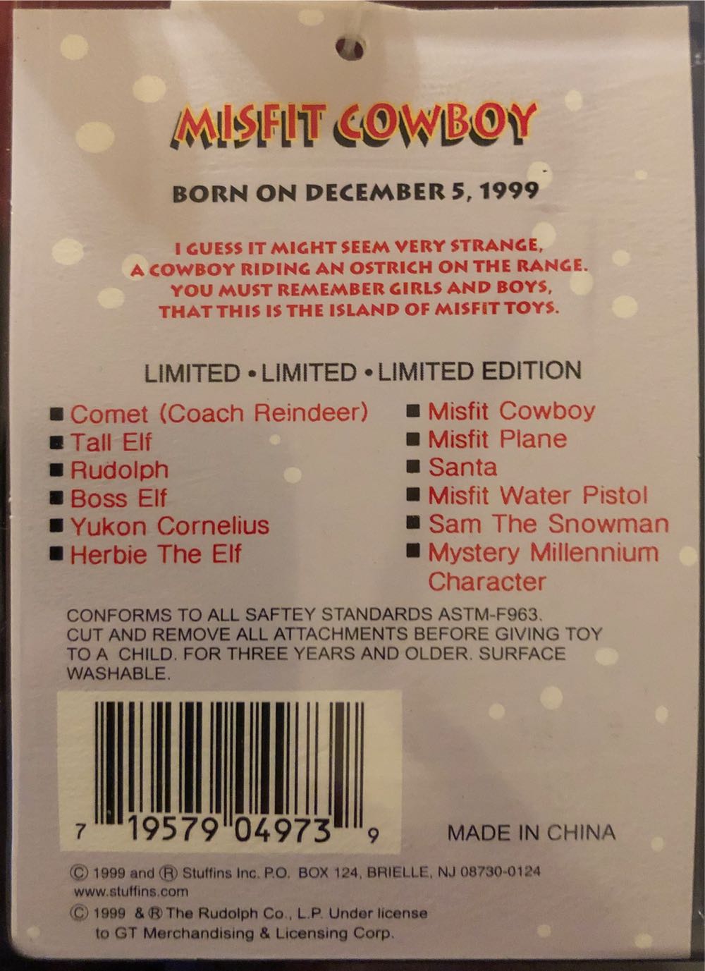 Misfit Cowboy Doll Limited Edition Rudolf The Red-nosed Reindeer Collectable Beans  plush collectible [Barcode 719579049739] - Main Image 3