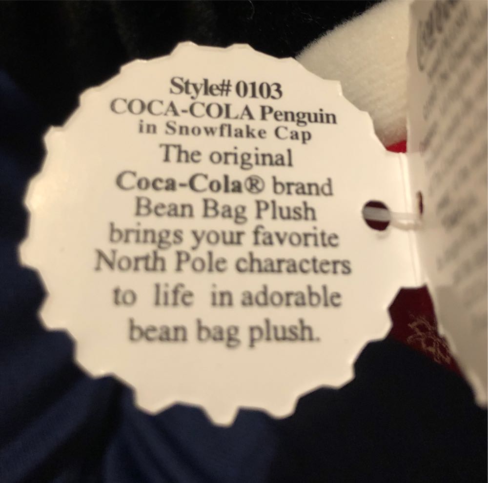 Cute Penguin W Coke Bottle 7” Bean Bag Stuffed Animal Toy New Coca Cola Cap Snowflake In  plush collectible [Barcode 715429970840] - Main Image 2