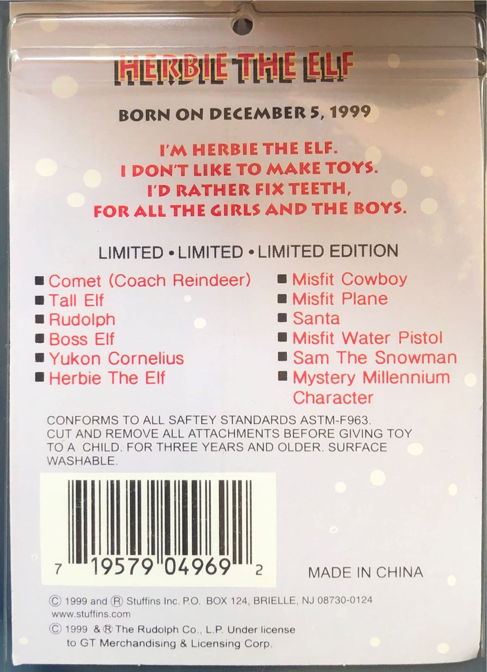 Elf Cvs Stuffins Rudolph Misfit Hermie Elf Rudolph Island Of Misfit Herbie Elf W Elephant Cvs Herbie The Elf Dentist Herbie Spotted Elephant Toy 7” Red Reindeer Nosed Bean New Vtg With Hermey Bag Vintage 1998 Beanie 7 Inch Christmas Nwt Stuffed Tag  plush collectible [Barcode 719579049692] - Main Image 2