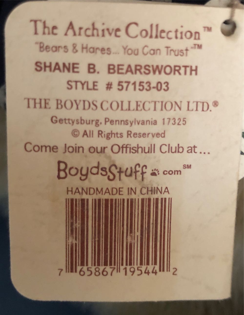 Boyd’s Bear: Shane B Bearsworth  plush collectible [Barcode 765867195442] - Main Image 2