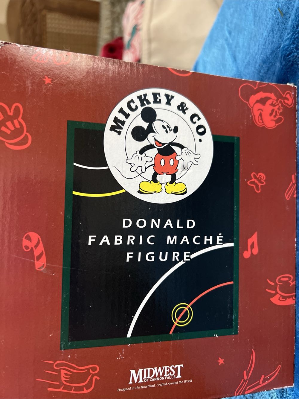 189)   Mickey & co, fabric Mache figurine. Donald Duck holding a stocking full of coal. Measures 7” and comes in its original box.   plush collectible - Main Image 4