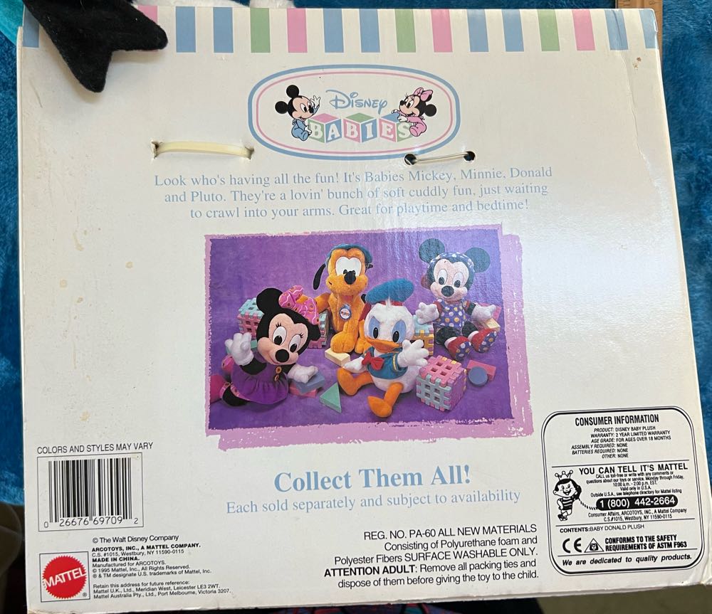 191) NIB 1995 Mattel Arcotoys Vintage Disney Babies Baby Donald Duck Plush, BRAND NEW  plush collectible - Main Image 2