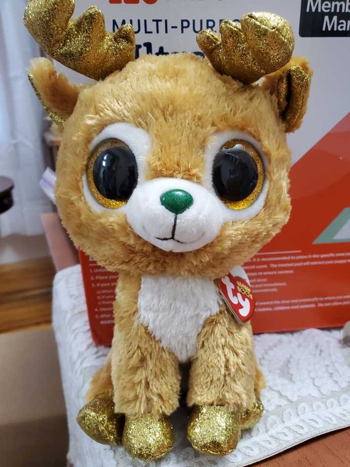 Beanie Boo Glitzy The Gold Reindeer With Mint With Christmas Holiday Ty Beanie Boos Glitzy Reindeer 9” Beanbag Stuffed Toy Glitter Eyes Medium 9” Nwt New Tags 9 Animal Sparkly Dec 10” Dob 8” Of Deer  plush collectible [Barcode 008421364237] - Main Image 2