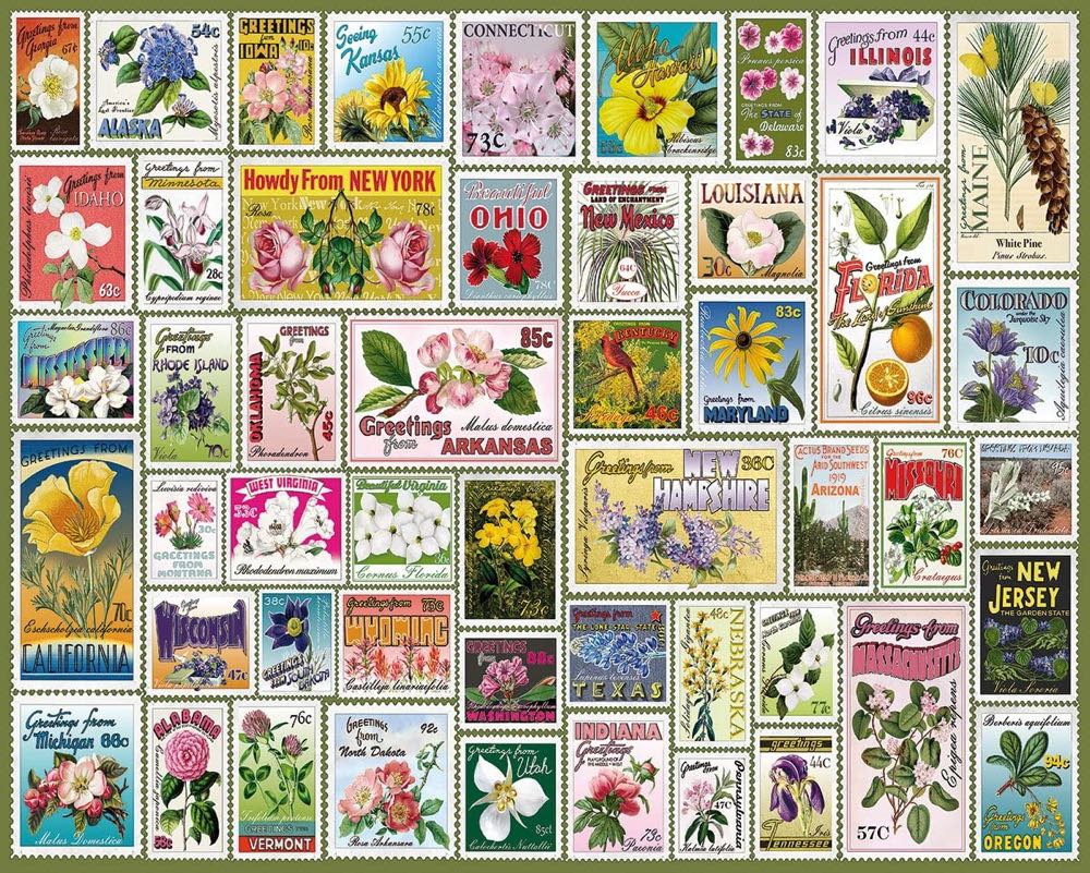 State Flower Stamps-TRADED - White Mountain Puzzles puzzle collectible [Barcode 724819260157] - Main Image 2