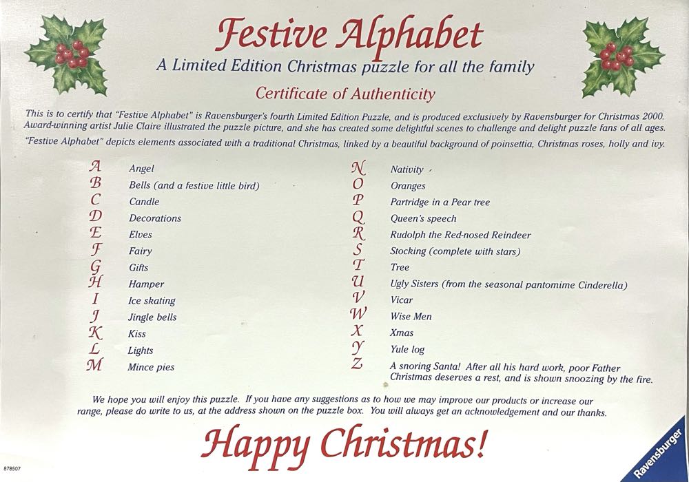 2000 Limited Edition : Festive Alphabet - Ravensburger puzzle collectible [Barcode 4005556803354] - Main Image 2