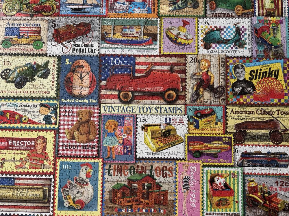 Vintage Toy Stamps. From Mary - White Mountain Puzzles puzzle collectible [Barcode 724819268207] - Main Image 3