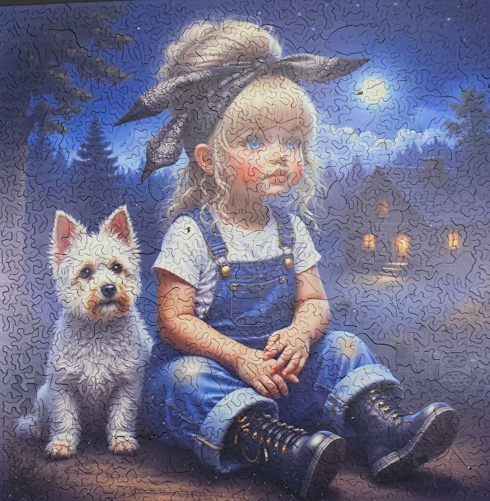 Enchanting girl and dog moonlight night. - Unique Shape Jigsaw puzzle collectible [Barcode 57641584204] - Main Image 2