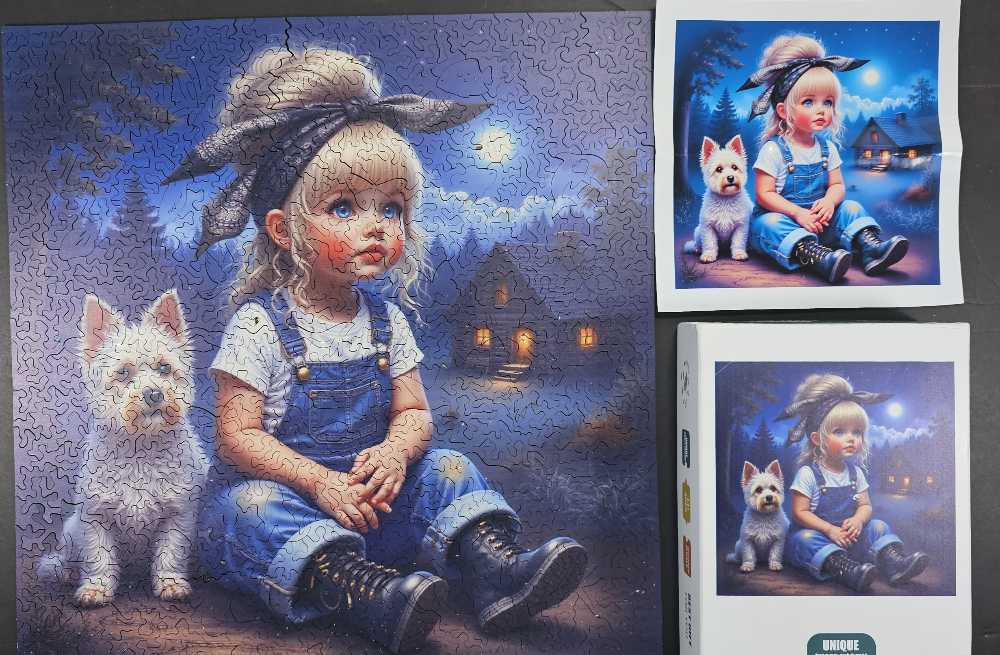 Enchanting girl and dog moonlight night. - Unique Shape Jigsaw puzzle collectible [Barcode 57641584204] - Main Image 4
