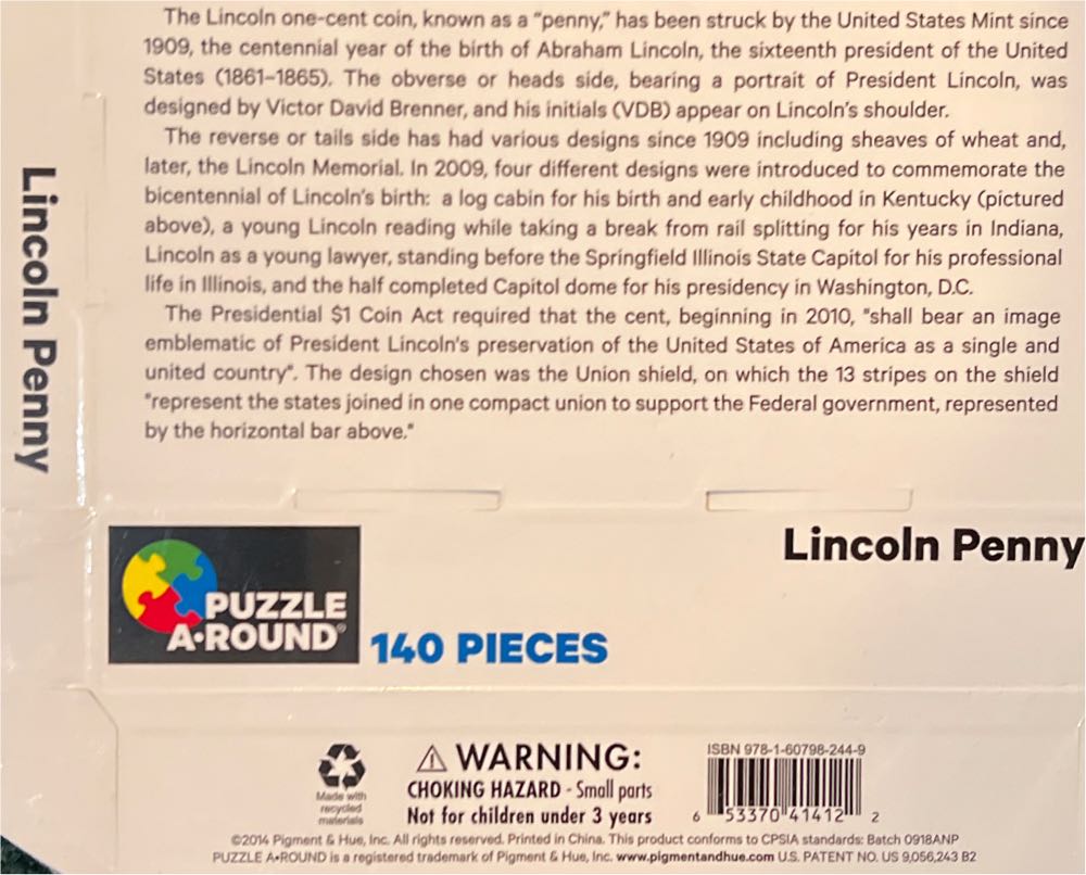 Lincoln Penny Double Sided 140 Piece Jigsaw By Pigment & Hue A Round - Pigment & Hue, Inc. puzzle collectible [Barcode 653370414122] - Main Image 4