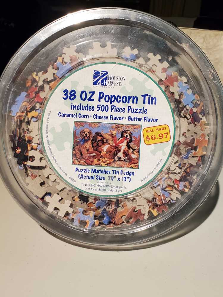 38 Oz Popcorn Tin; Dogs In Fall Leaves - Houston Harvest puzzle collectible [Barcode 731427235378] - Main Image 2