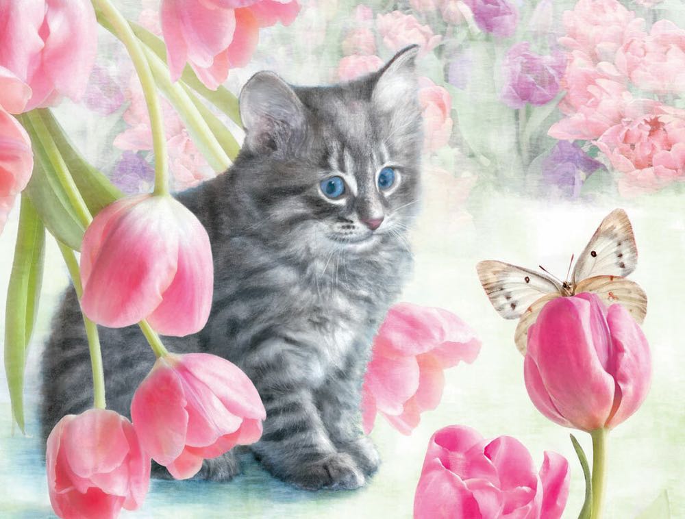 Cat And Tulips-VW - White Mountain puzzle collectible [Barcode 724819256051] - Main Image 2