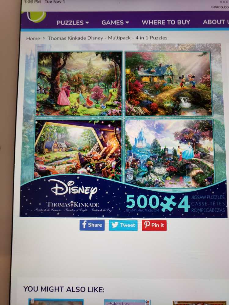 4 In 1 Thomas Kinkade Disney Dreams 500 Piece Jigsaw ... - Disney Thomas Kinkade puzzle collectible [Barcode 9781940271897] - Main Image 2